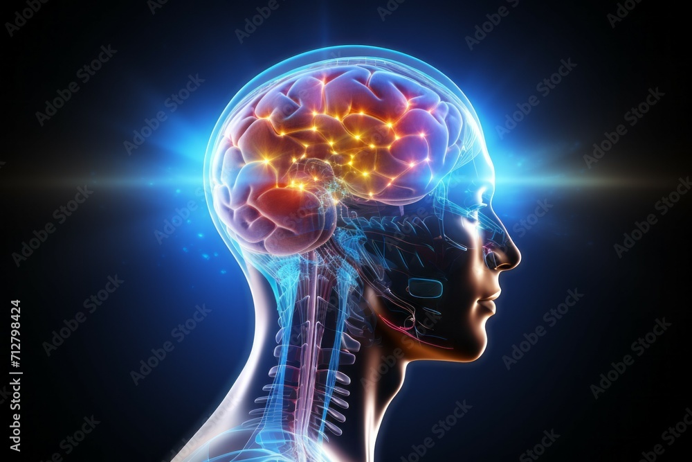 Poster hologram of the human brain. background with selective focus and copy space