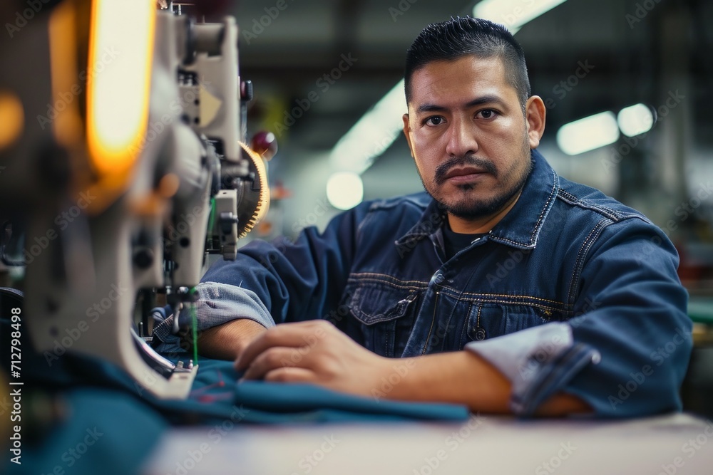 Aufkleber workers at a textile factory. background with selective focus and copy space