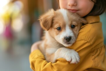 Intimate portrait of a child with a thoughtful expression, holding a young puppy close, showcasing a special bond and sense of security..