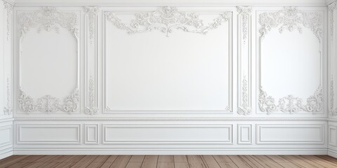 The beautiful white wall is adorned with intricate plaster moldings.