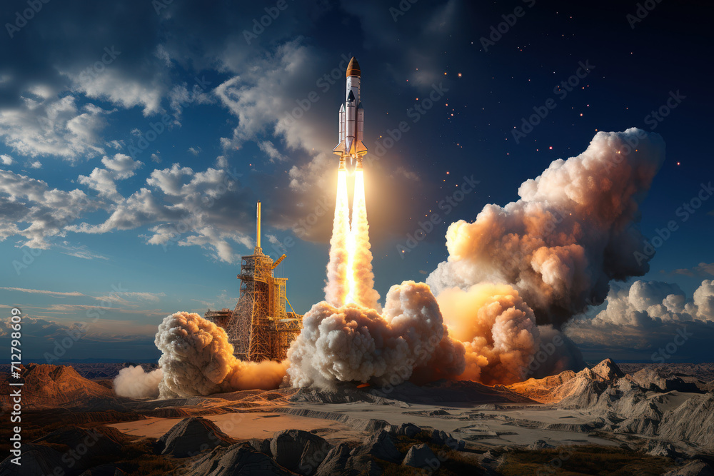 Poster a rocket launching into space with tremendous speed, symbolizing the propulsion and velocity of spac