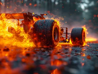 Cercles muraux F1 A burning Formula 1 car on a race track. Formula 1 on fire.