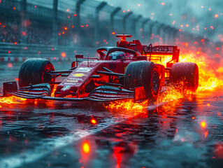 A burning Formula 1 car on a race track. Formula 1 tires on fire. - obrazy, fototapety, plakaty