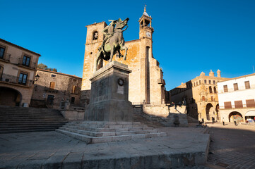 Pizarro statue and Plaza Mayor Square in Trujillo, Spain. High quality photo
