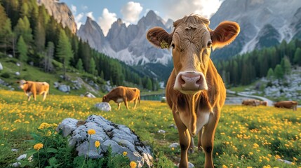 Brown cow in a lush meadow with mountain backdrop, serene rural scene. alpen bliss with curious cattle. AI
