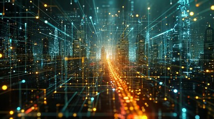 Obraz premium Captivating Nighttime View of a Modern City With Vibrant Lights and Dynamic Lines