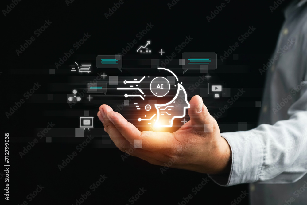 Poster ai technology, businessman show virtual graphic global internet connect chat with ai, artificial int