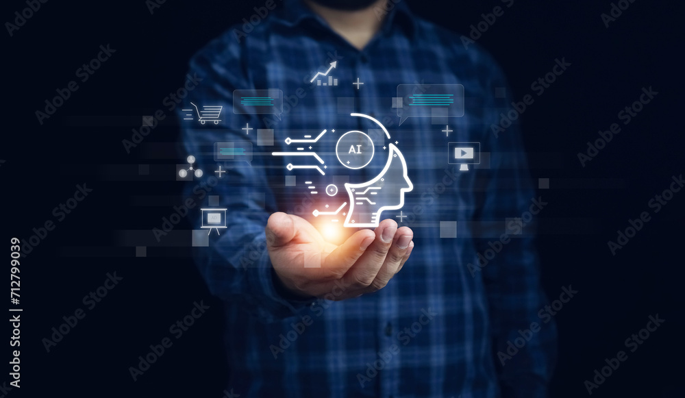 Poster ai technology, businessman show virtual graphic global internet connect chat with ai, artificial int