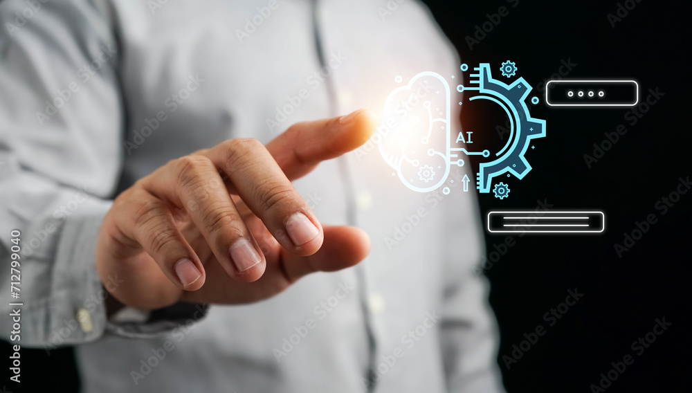 Poster ai technology, businessman show virtual graphic global internet connect chat with ai, artificial int
