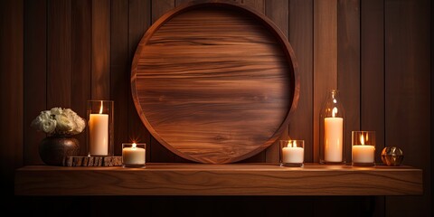 Wooden podium, round mirror, and lit candle on dressing table.