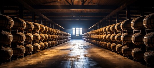 Rows of whiskey, bourbon, and scotch barrels aging in distillery warehouse facility - obrazy, fototapety, plakaty