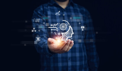 Ai technology, businessman show virtual graphic Global Internet connect Chat with AI, Artificial...