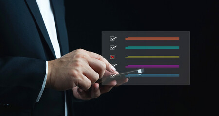 Checklist and clipboard task management, Business performance monitoring concept, Business concept checklist on virtual screen, business technology includes a document management. check quality.