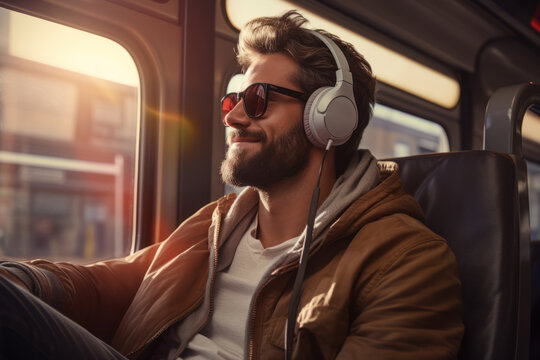 A commuter engaging in a morning podcast, gaining insights and staying informed during the journey. Concept of morning podcast consumption. Generative Ai.