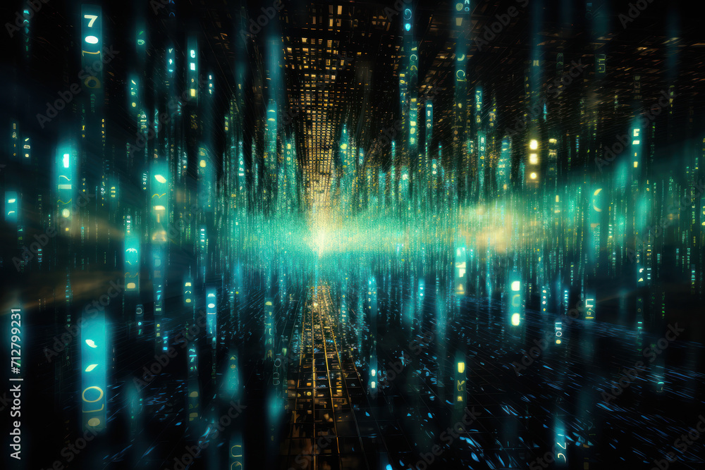 Poster abstract depiction of binary code raining down like digital confetti, representing the pervasive pre