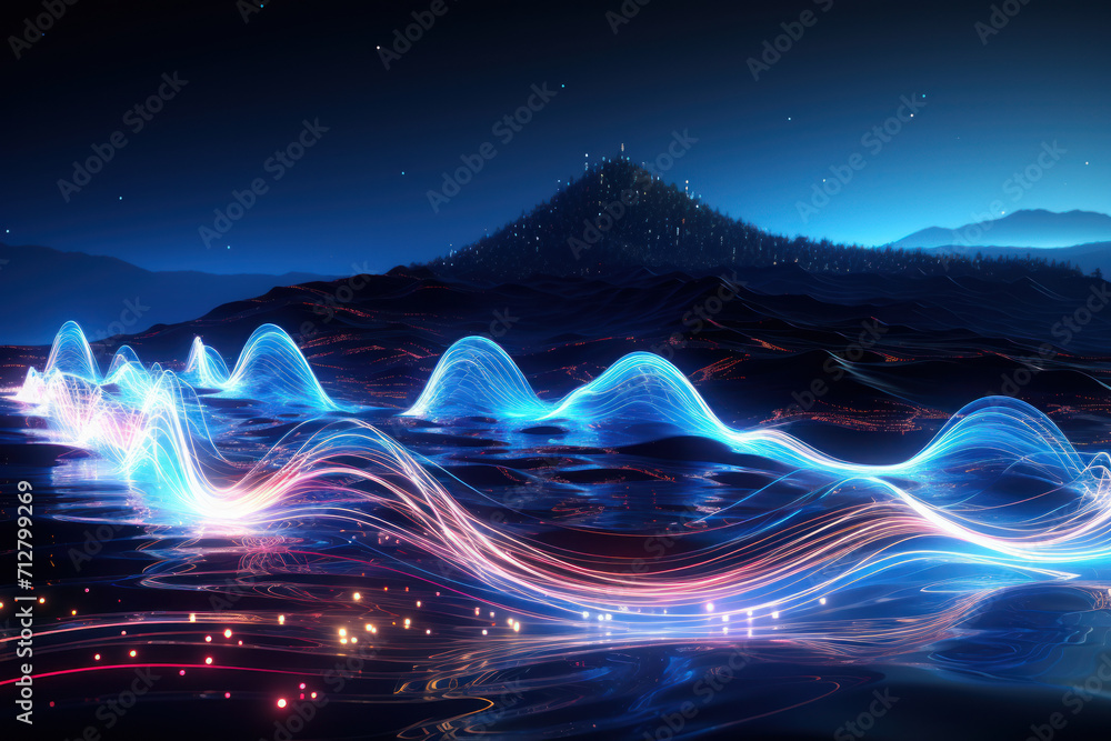 Wall mural Digital waves flowing through the air, symbolizing the wireless transmission of internet signals. Concept of wireless connectivity. Generative Ai.