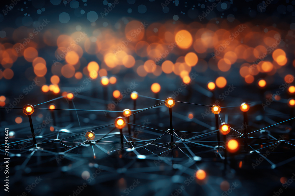 Poster glowing nodes connected by digital threads, illustrating the interconnectivity of devices and system