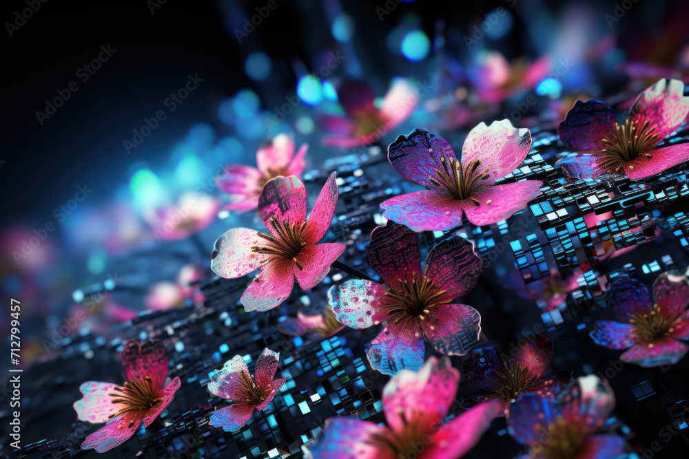 Poster abstract representation of binary code transforming into vibrant digital flowers, symbolizing the be