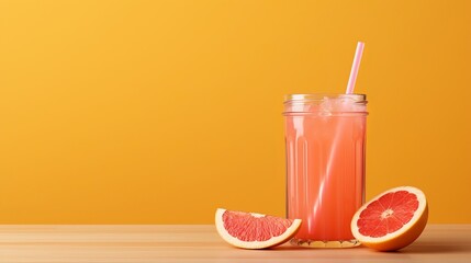 Fresh grapefruit juice in glass on wooden table with soft orange background for text placement