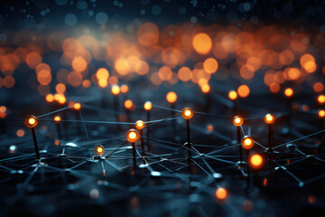 Glowing nodes connected by digital threads, illustrating the interconnectivity of devices and systems in the Internet of Things (IoT). Concept of IoT connectivity. Generative Ai. - obrazy, fototapety, plakaty