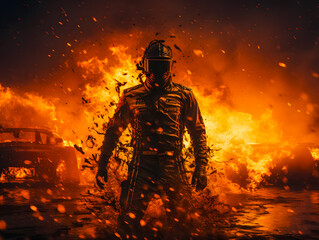 Driver Formula 1 car. F1 pilot in flames after leaving the burning race car. Generative AI