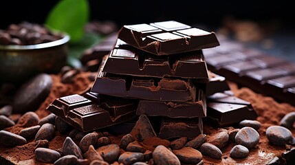 Dark chocolate pieces and whole cocoa beans scattered on culinary background