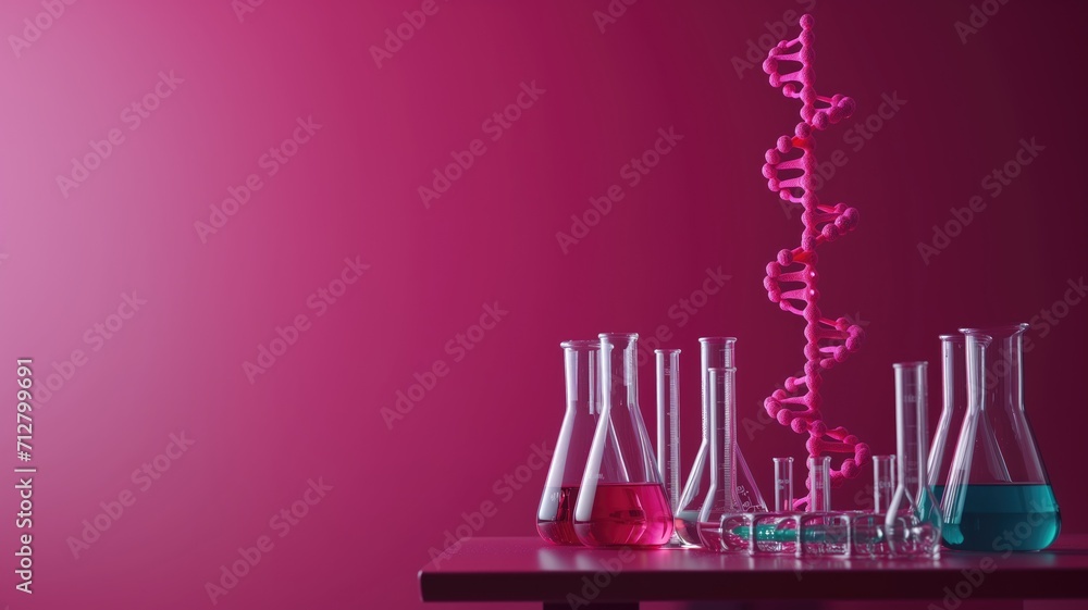 Wall mural pink dna helix among laboratory flasks on a magenta background