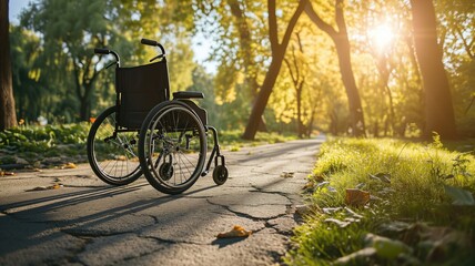 Empty wheelchair on a tree-lined path with morning sun - obrazy, fototapety, plakaty