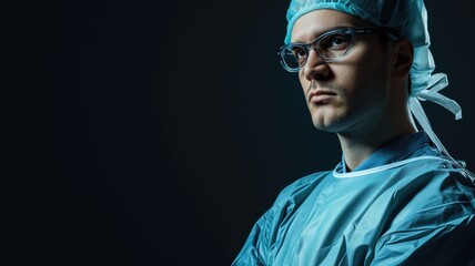Surgeon in scrubs with serious expression