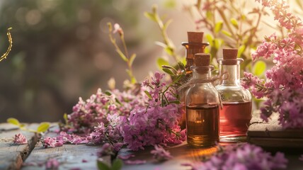 Obraz na płótnie Canvas Essential oils with purple flowers in sunlight
