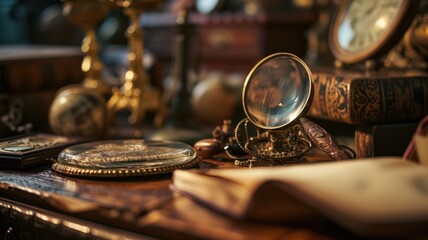 Vintage objects and magnifying glass on a wooden desk - obrazy, fototapety, plakaty