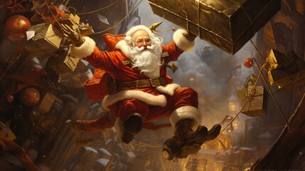 Santa Claus in a surreal, gravity-defying environment, delivering gifts in a topsy-turvy world.