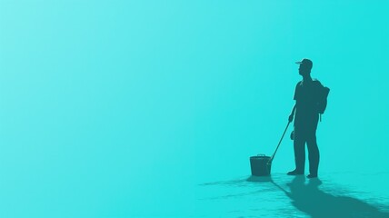 Silhouette of a person cleaning with a minimalist blue backdrop
