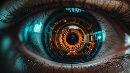 Glimpsing Tomorrow: A Close-Up of a Sci-Fi Cyborg Eye Unveiling the Futuristic Human Gaze   -generative AI