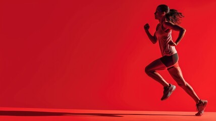 Fototapeta na wymiar Female runner in motion on a red background
