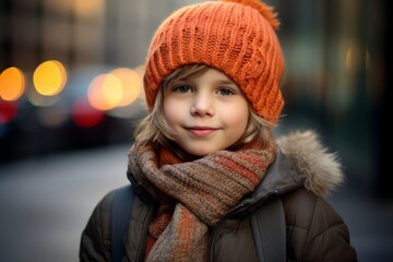 A portrait of a cute little girl wearing a warm hat and scarf.