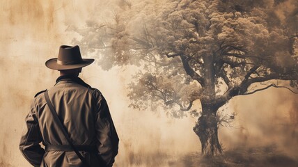 A solitary man in a hat facing a large tree in a sepia-toned landscape