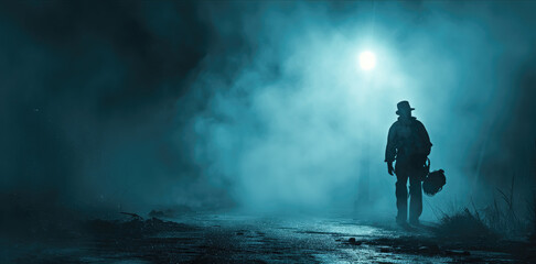 Silhouetted person with a chainsaw standing under a bright moon in a foggy night - obrazy, fototapety, plakaty