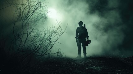 Fototapeta premium Silhouette of a lone man with a chainsaw in a foggy, barren landscape