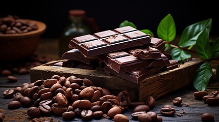 Scattered crushed dark chocolate and whole cocoa beans on culinary background for baking and cooking
