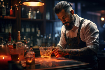 A professional bartender skillfully crafting a signature cocktail at the hotel bar, creating a sophisticated and inviting atmosphere. Concept of crafted beverages. Generative Ai.