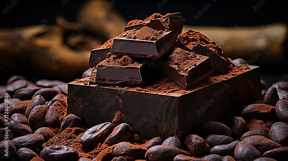 Poster scattered dark chocolate pieces and cocoa beans on rustic culinary background with melted drizzle