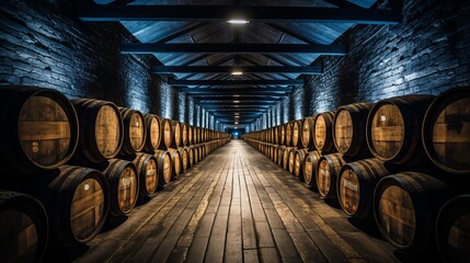 Aging facility with whiskey, bourbon, and scotch barrels for maturation process - obrazy, fototapety, plakaty