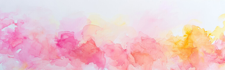 Watercolor abstract background on white canvas with dynamic mix of pastel pink and light yellow colors, banner, panorama