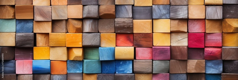 Poster vibrant array of aligned colorful wooden blocks creating a wide format background