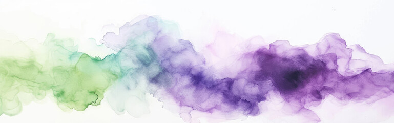 Watercolor abstract background on white canvas with dynamic mix of purple and green colors, banner, panorama