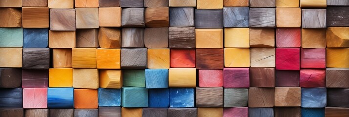 Vibrant array of aligned colorful wooden blocks creating a wide format background