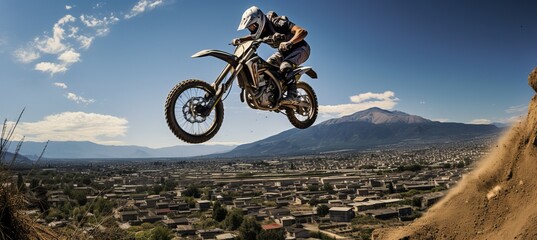 Naklejka premium Off road motorcycle mid air jump over canyon with blue sky background