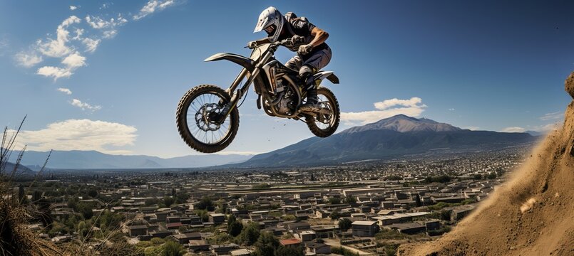 Off road motorcycle mid air jump over canyon with blue sky background