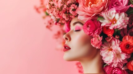 Close-up of a woman with a floral headpiece on a pink backdrop